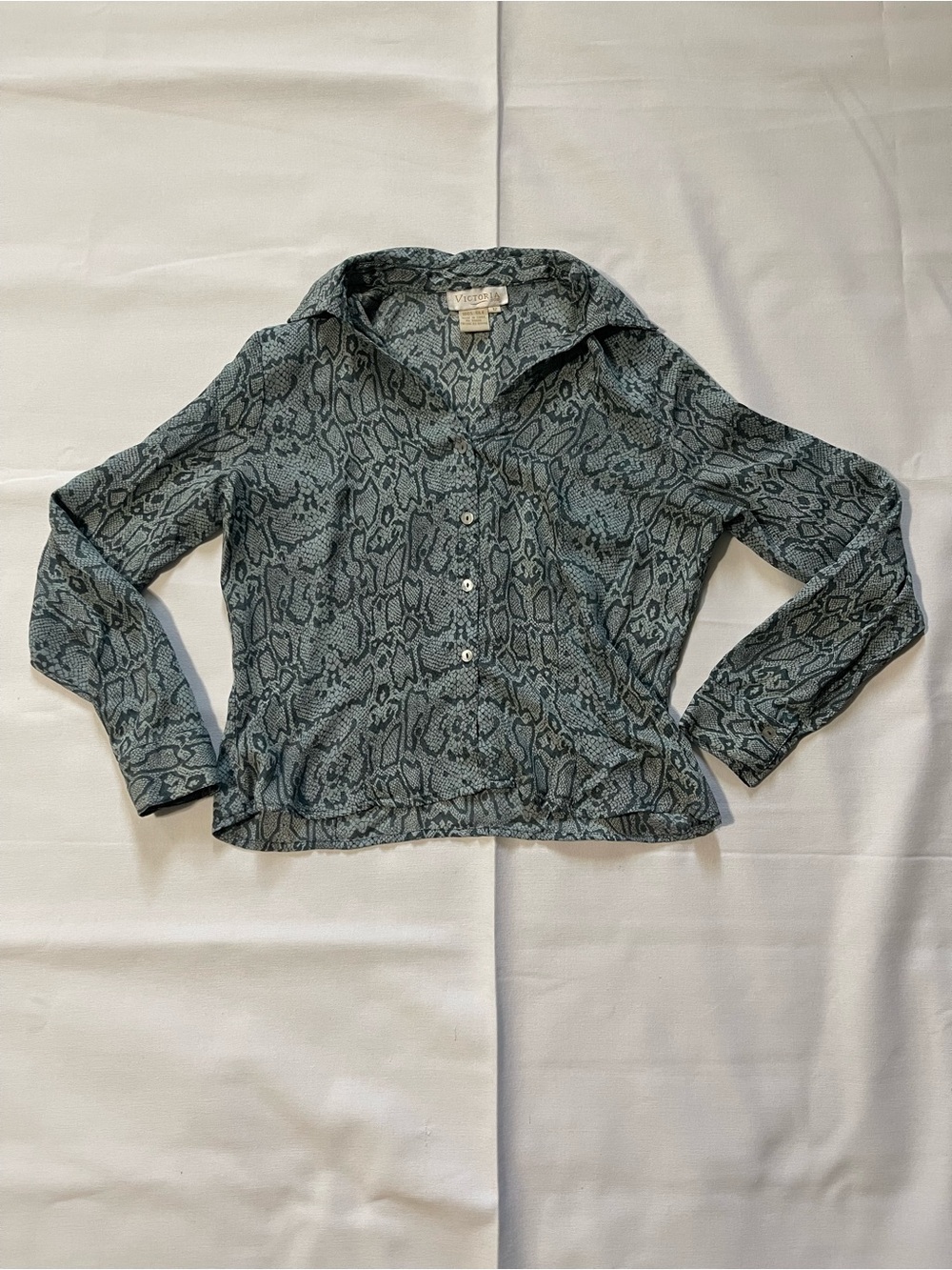 Vintage Victoria Soie Sheet Silk Teal Snake-Print Button-Front Shirt